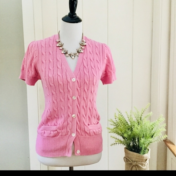 Ralph Lauren Sweaters - RALPH LAUREN Pink Short Sleeve Cable Knit Cardigan